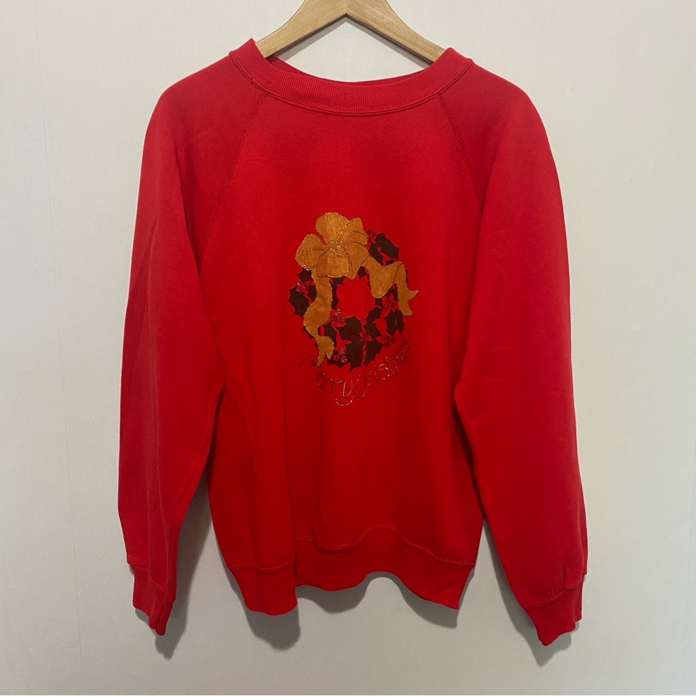 Vintage Hanes Red Merry Christmas‎ Sweatshirt Wreath Graphic Made in USA L